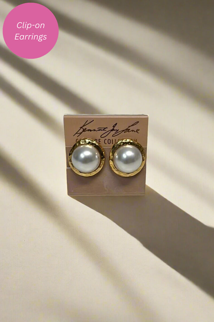 Kenneth Jay Lane Gold Button Clip Earring with White Pearl