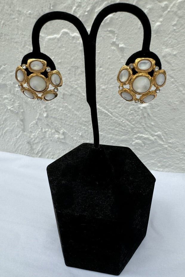 Kenneth Jay Lane Gold Earring with Mother of Pearl Cabochons available at Mildred Hoit in Palm Beach.