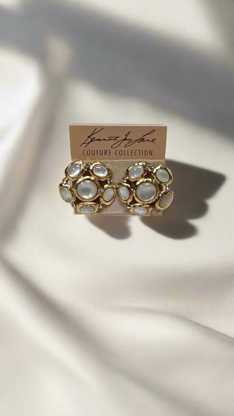 Kenneth Jay Lane Satin Gold & Crystal with Pearl Earring - Mildred Hoit