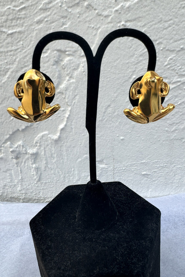 Kenneth Jay Lane Satin Gold Frog Earring available at Mildred Hoit in Palm Beach.