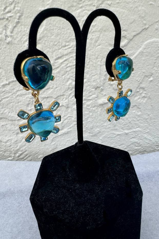 Kenneth Jay Lane Aqua and Gold Cabochon Earrings available at Mildred Hoit in Palm Beach.