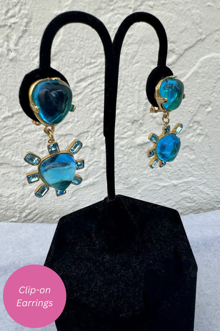 Kenneth Jay Lane Aqua and Gold Cabochon Earrings