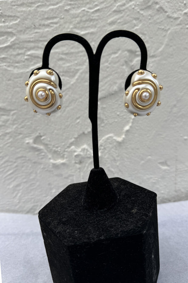 Kenneth Jay Lane Pearl & Gold Snail Earrings available at Mildred Hoit in Palm Beach.