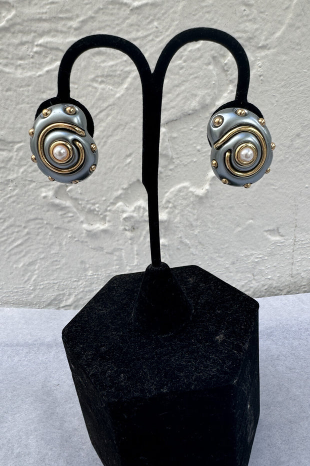 Kenneth Jay Lane Grey Pearl & Gold Snail Earrings available at Mildred Hoit in Palm Beach.