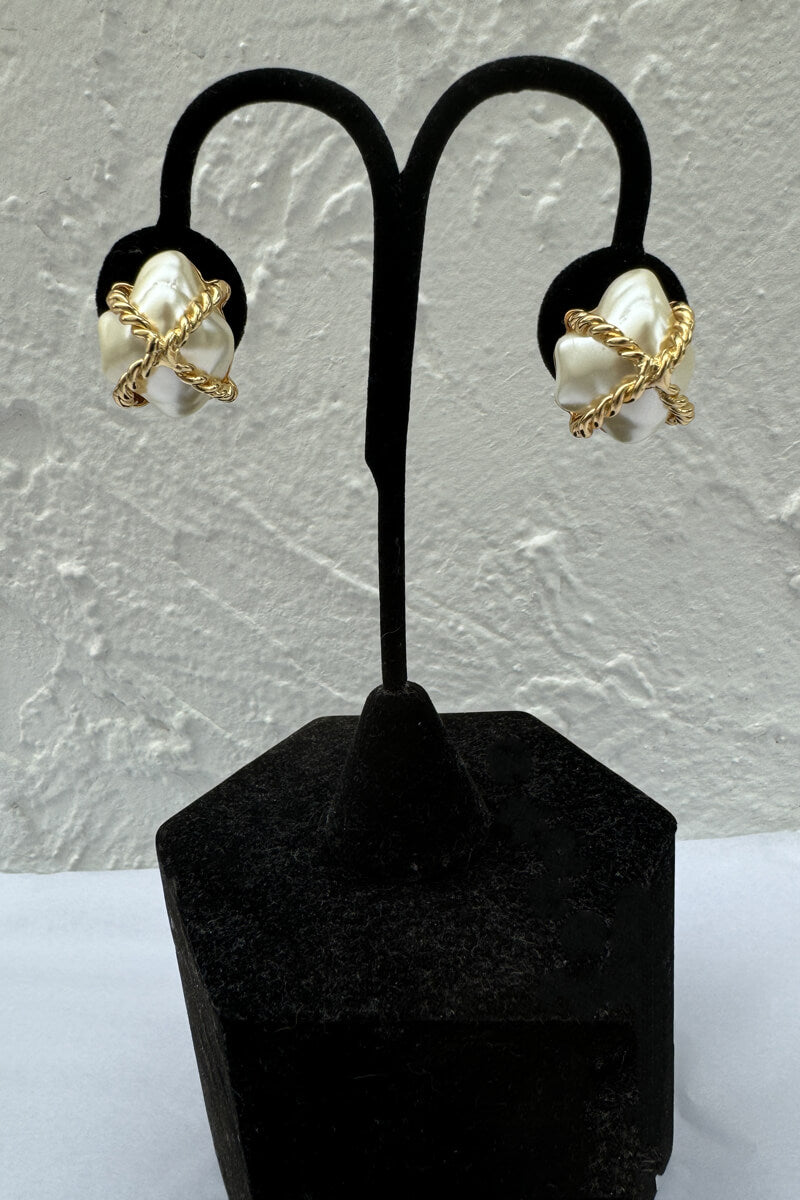 Kenneth Jay Lane Gold Pearl "X" Clip Earring - Pearl - Mildred Hoit