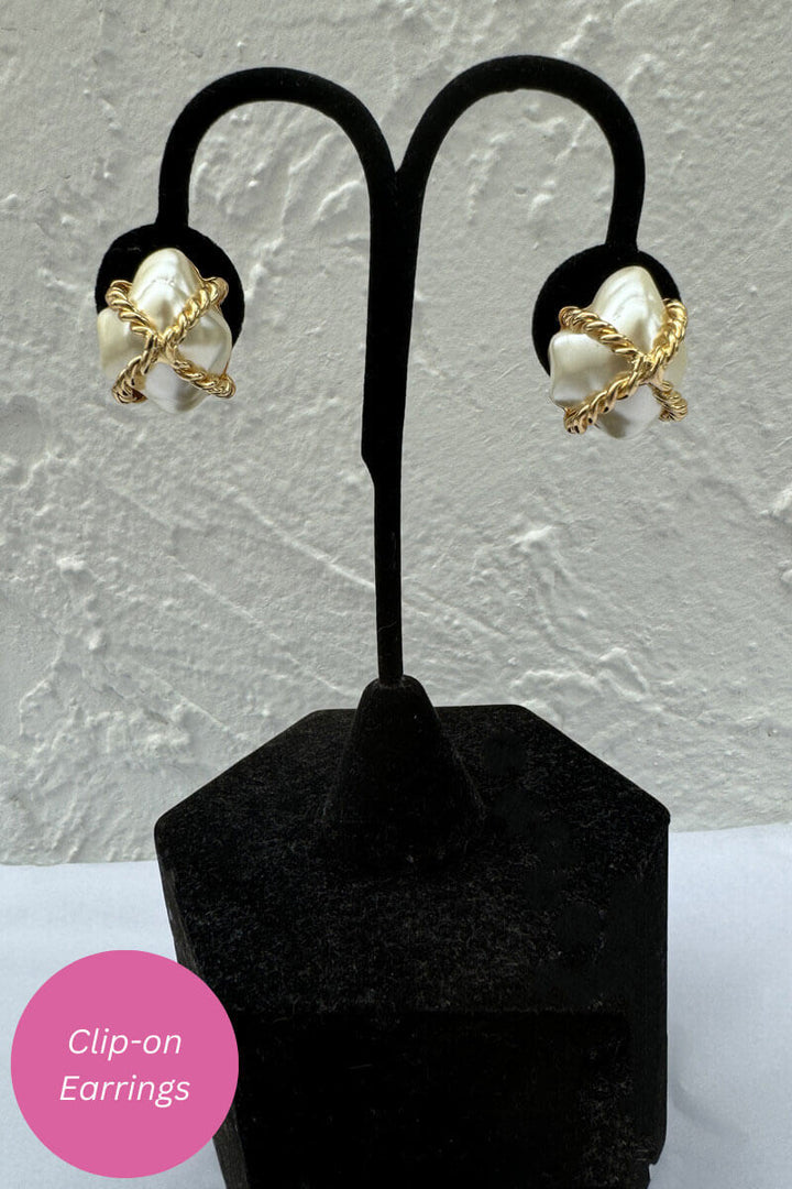 Kenneth Jay Lane Gold Pearl "X" Clip Earring - Pearl