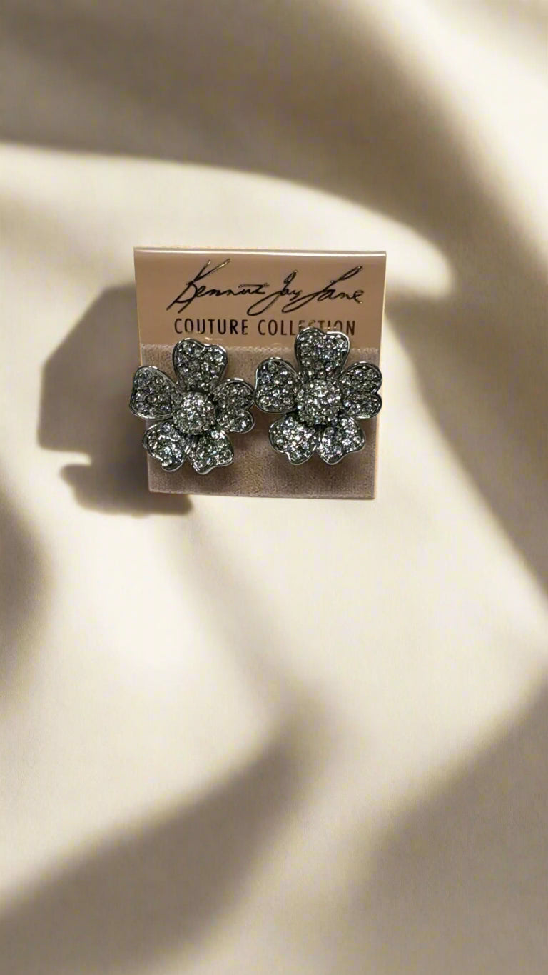 Kenneth Jay Lane Silver & Crystal Flower Clip Earring - Mildred Hoit