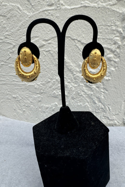 Kenneth Jay Lane Gold Doorknocker Earring with Gold Dots available at Mildred Hoit in Palm Beach.
