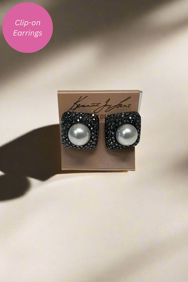 Kenneth Jay Lane Gunmetal & Hematite with White Pearl Square Earring