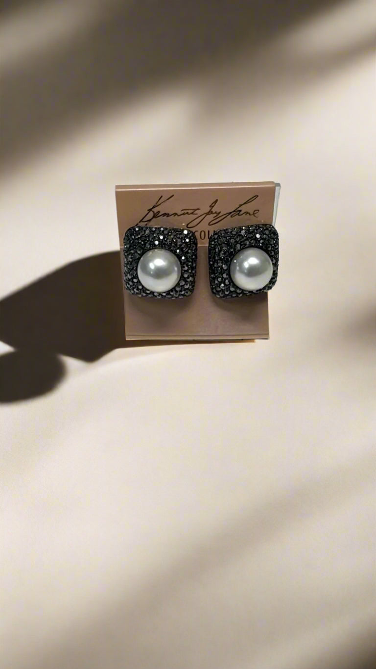 Kenneth Jay Lane Gunmetal & Hematite with White Pearl Square Earring - Mildred Hoit