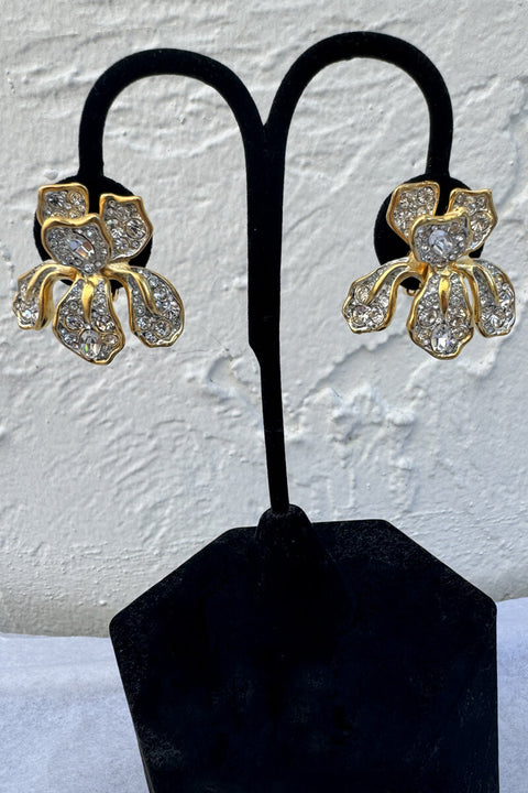 Kenneth Jay Lane Gold and Crystal Iris Clip Earring available at Mildred Hoit in Palm Beach.