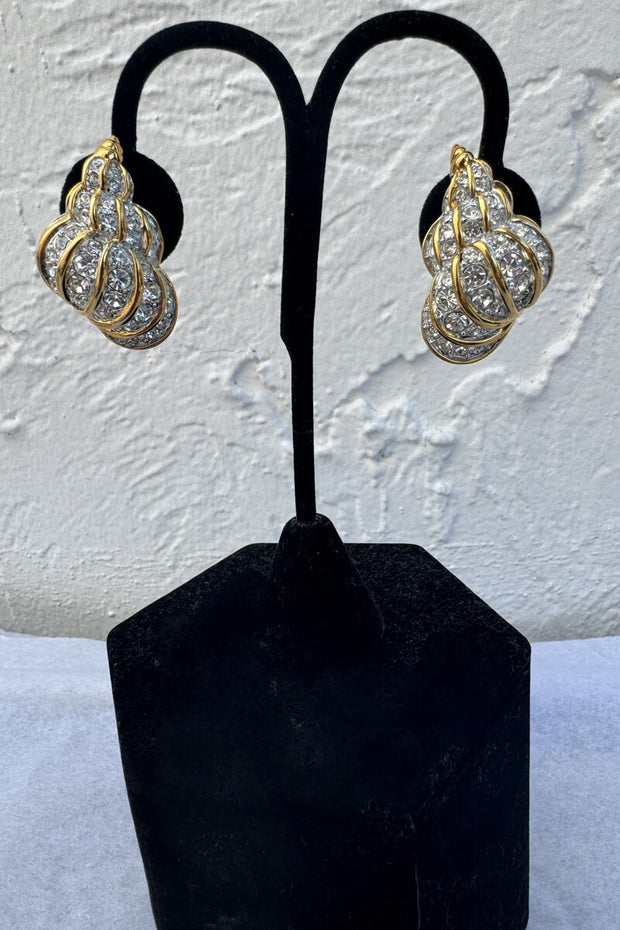 Kenneth Jay Lane Gold and Crystal Shell Earrings