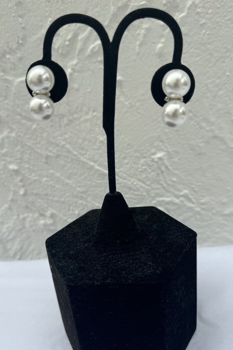 Kenneth Jay Lane Double Pearl Earring with Silver available at Mildred Hoit in Palm Beach.