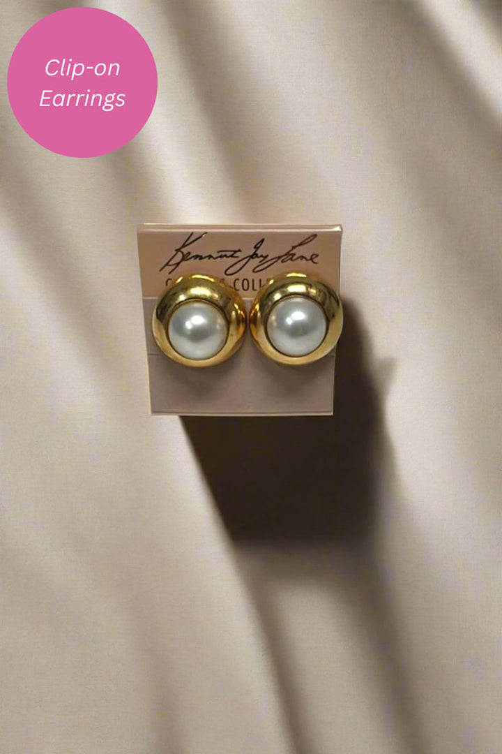 Kenneth Jay Lane Gold Round Button Clip Earring with Pearl Center