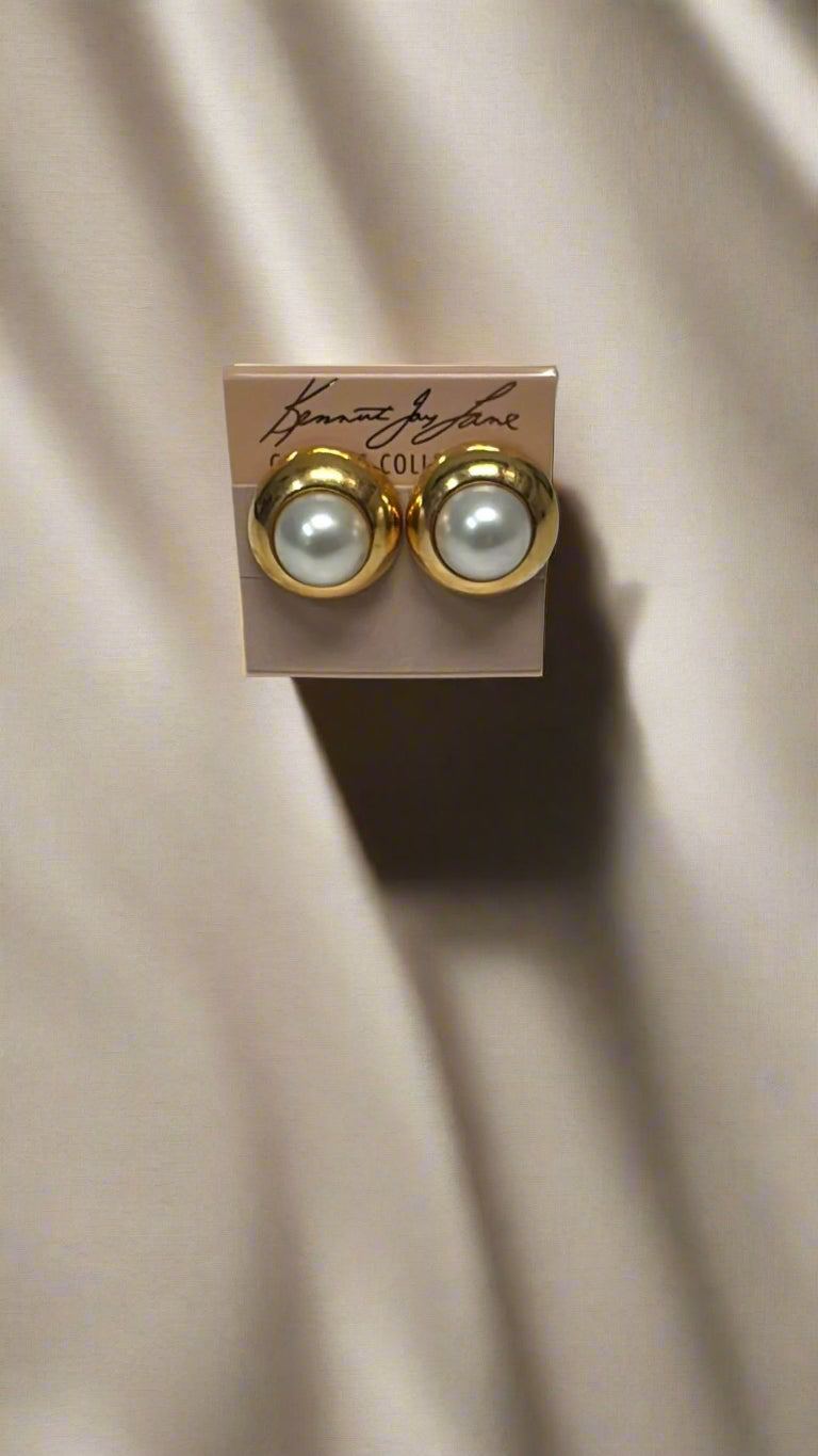 Kenneth Jay Lane Gold Round Button Clip Earring with Pearl Center - Mildred Hoit