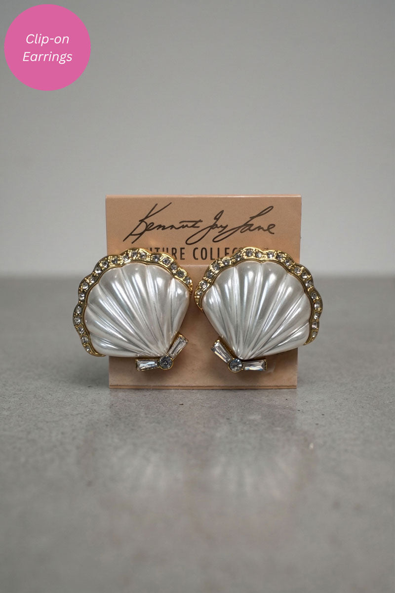 Kenneth Jay Lane Crystal Edge Pearl Center Scallop Shell Earrings - Mildred Hoit