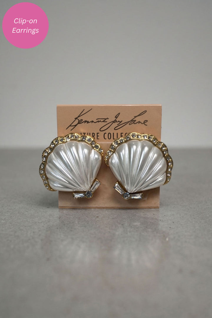 Kenneth Jay Lane Crystal Edge Pearl Center Scallop Shell Earrings - Mildred Hoit