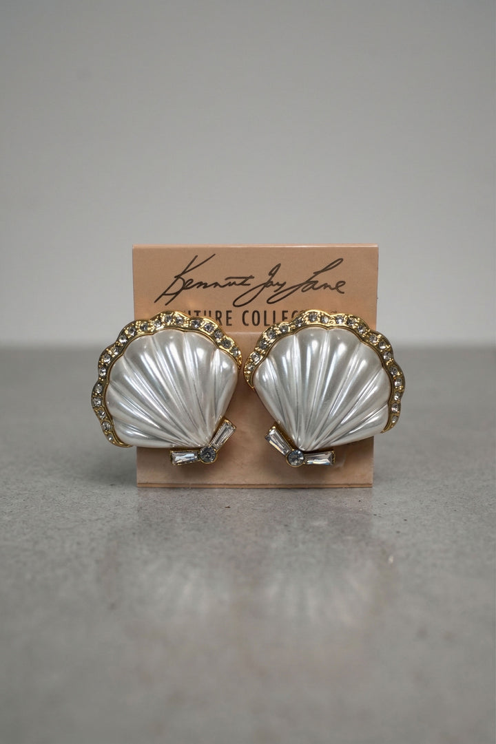 Kenneth Jay Lane Crystal Edge Pearl Center Scallop Shell Earrings - Mildred Hoit