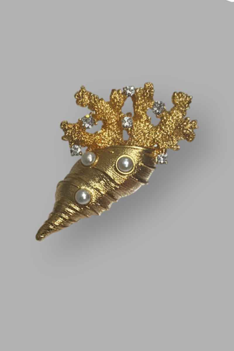 Kenneth Jay Lane Gold & Crystal Branch Top with Pearls Shell Pin - Mildred Hoit