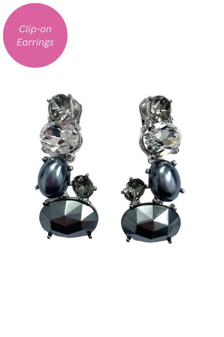 Kenneth Jay Lane Rhodium Crystal and Black Diamond Grey Pearl Drop Clip Earring