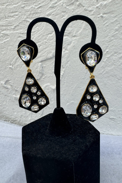 Kenneth Jay Lane Black Geometric Earrings with Crystals available at Mildred Hoit in Palm Beach.