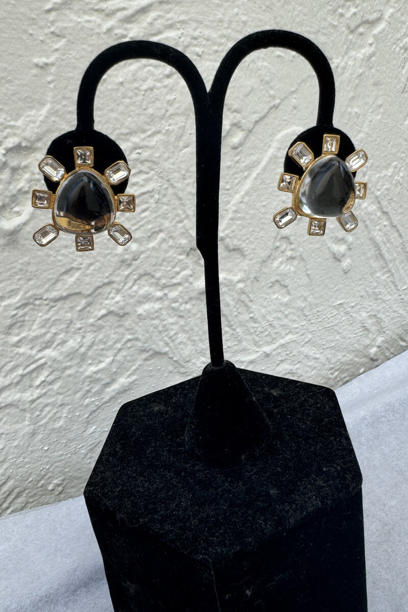 Kenneth Jay Lane Gold and Crystal Cabochon Earring - Mildred Hoit