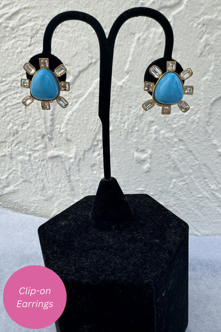 Kenneth Jay Lane Gold, Turquoise, and Crystal Cabochon Earrings
