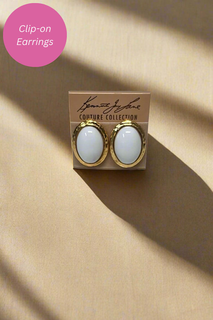 Kenneth Jay Lane Hammered Gold with White Over Center Clip-On Earrings