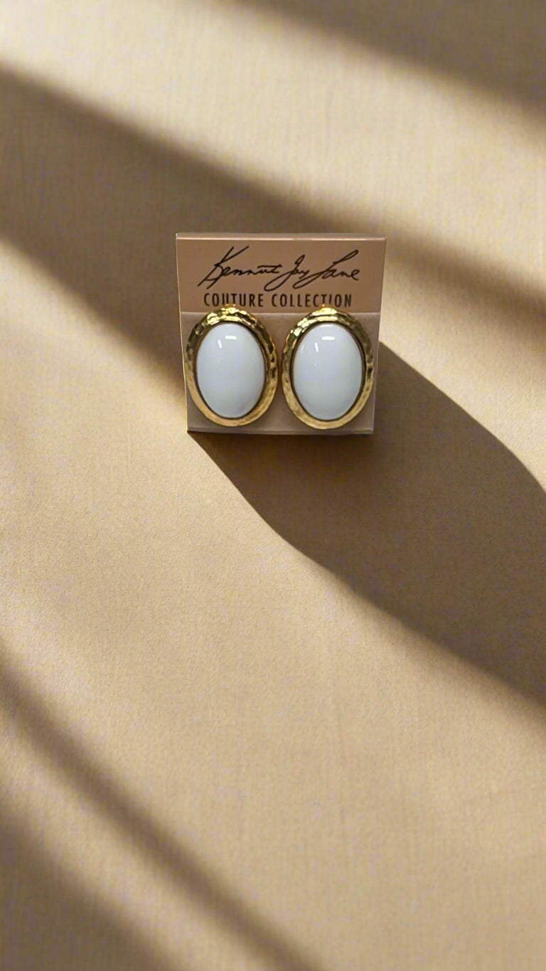 Kenneth Jay Lane Hammered Gold with White Over Center Clip-On Earrings - Mildred Hoit