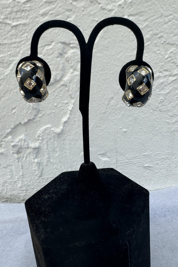 Kenneth Jay Lane Gold and Black Hoop Earring with Crystals available at Mildred Hoit in Palm Beach.