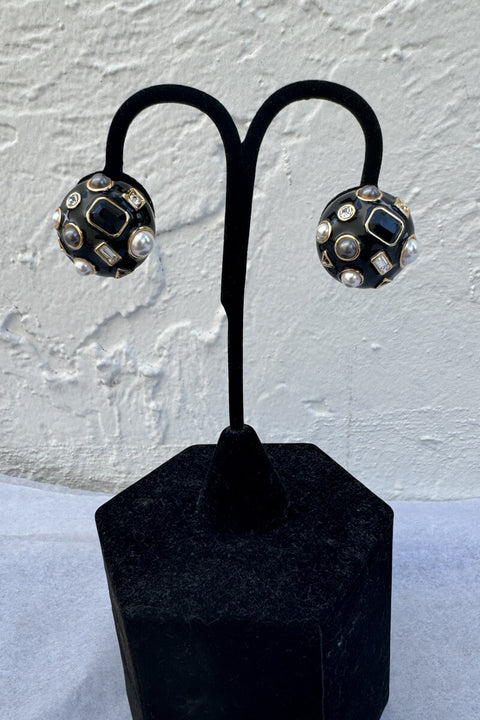 Kenneth Jay Lane Gold, Black, Crystal Domed Earrings available at Mildred Hoit in Palm Beach.