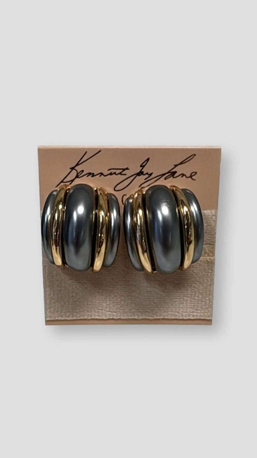 Kenneth Jay Lane Gold Double Ribbed Dark Grey Pearl Earring - Mildred Hoit