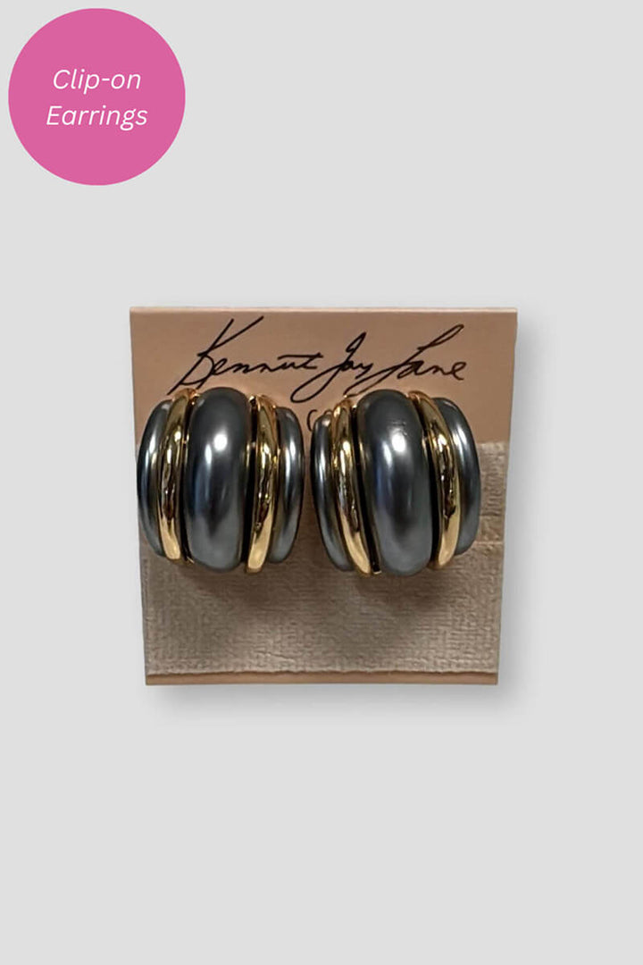 Kenneth Jay Lane Gold Double Ribbed Dark Grey Pearl Earring