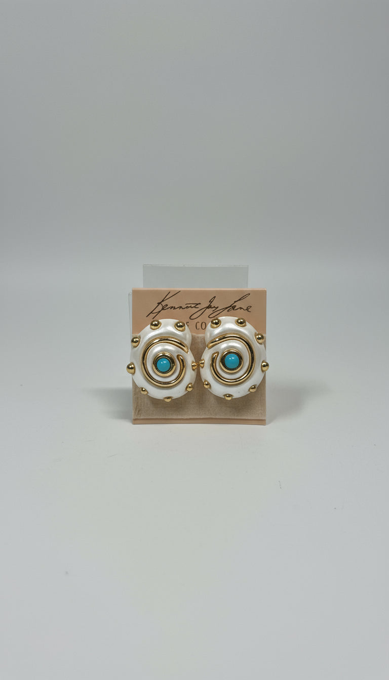 Kenneth Jay Lane Dotted Pearl & Turquoise Snail Clip-On Earrings - Mildred Hoit