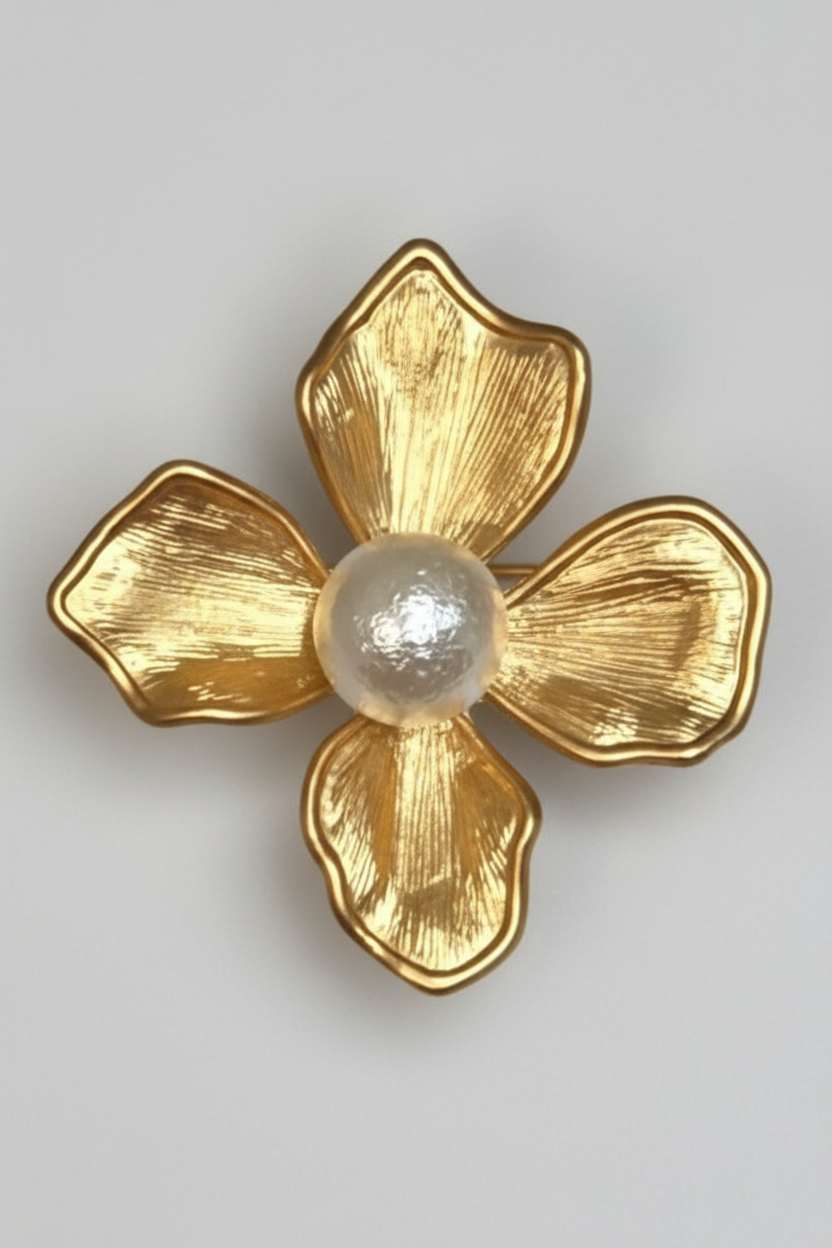 Kenneth Jay Lane Large Gold with Pearl Center Flower Pin - Mildred Hoit