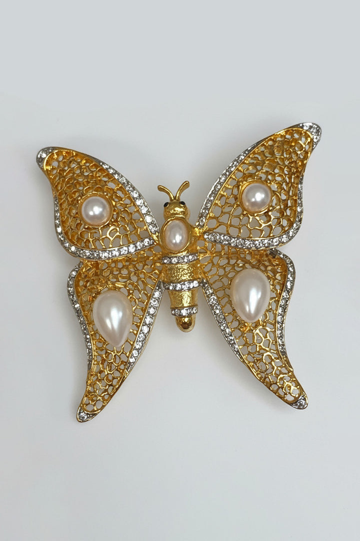Kenneth Jay Lane Crystal Filagree Butterfly Pin with Pearls