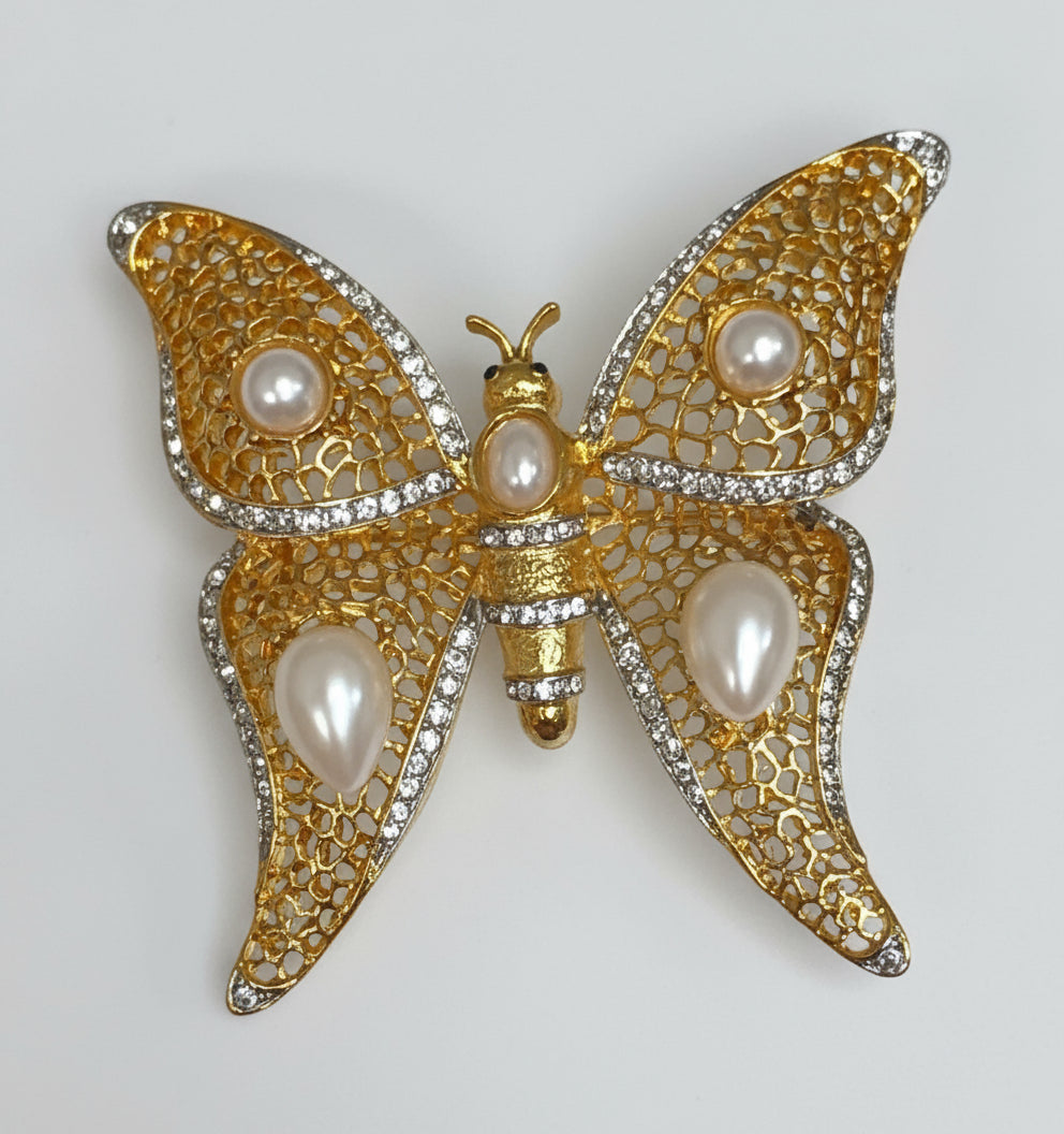 Kenneth Jay Lane Crystal Filagree Butterfly Pin with Pearls - Mildred Hoit