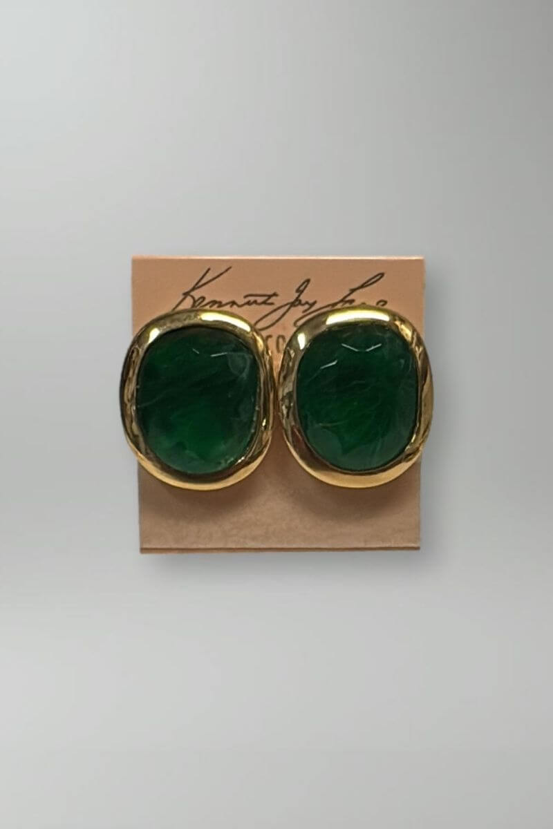 Kenneth Jay Lane Polished Gold & Emerald Cabochon Earrings - Mildred Hoit