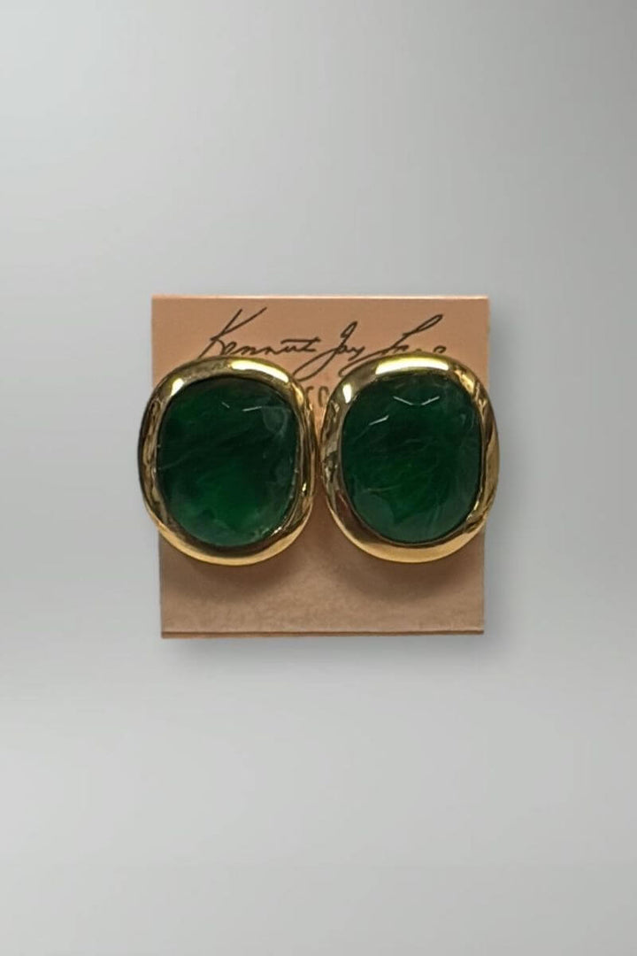 Kenneth Jay Lane Polished Gold & Emerald Cabochon Earrings - Mildred Hoit
