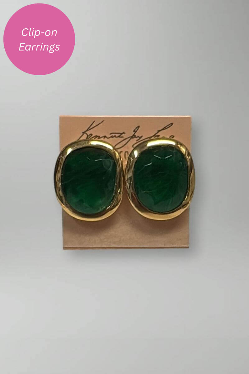 Kenneth Jay Lane Polished Gold & Emerald Cabochon Earrings