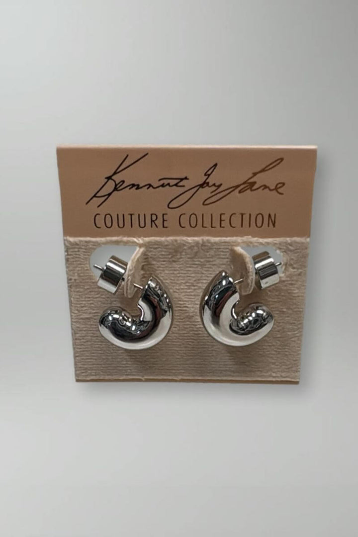 Kenneth Jay Lane Polished Silver Half Hoop Huggie Earrings - Mildred Hoit