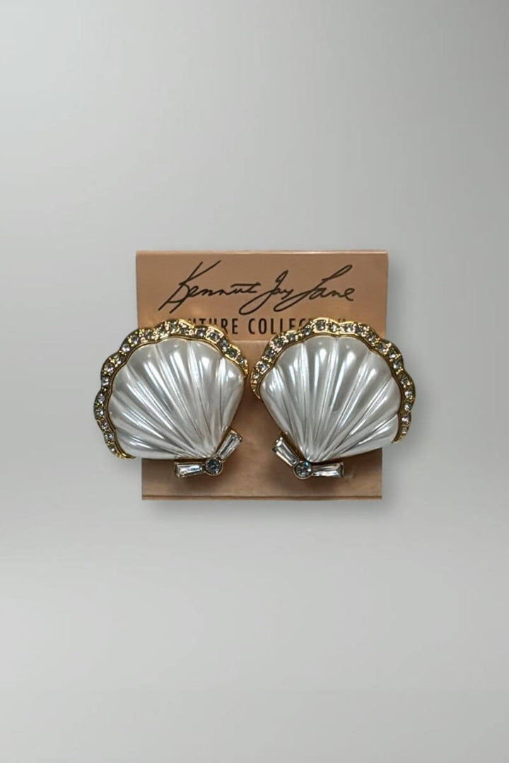 Kenneth Jay Lane Crystal Edge Pearl Center Scallop Shell Earrings - Mildred Hoit