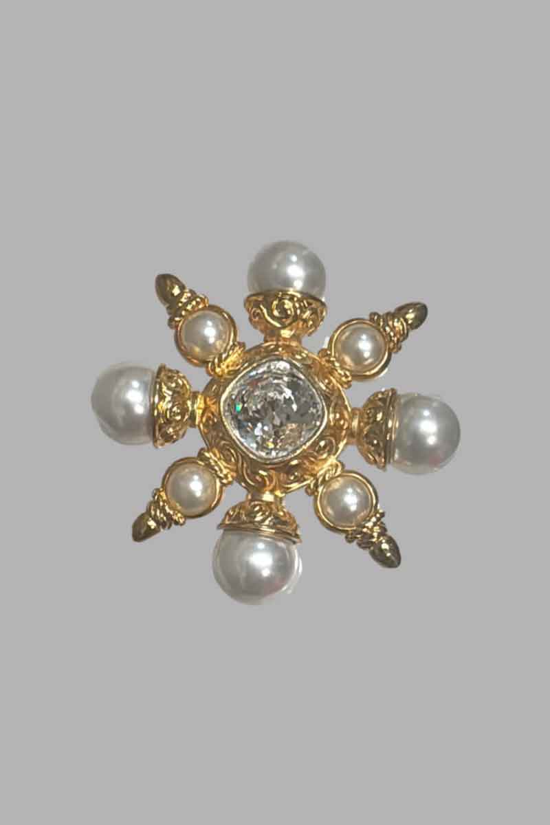 Kenneth Jay Lane Gold, White Pearl & Crystal Sunburst Cluster Pin - Mildred Hoit