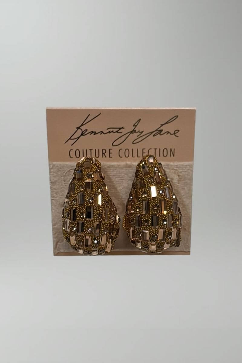 Kenneth Jay Lane Gold Crystal with Baguettes Teardrop Earrings - Mildred Hoit