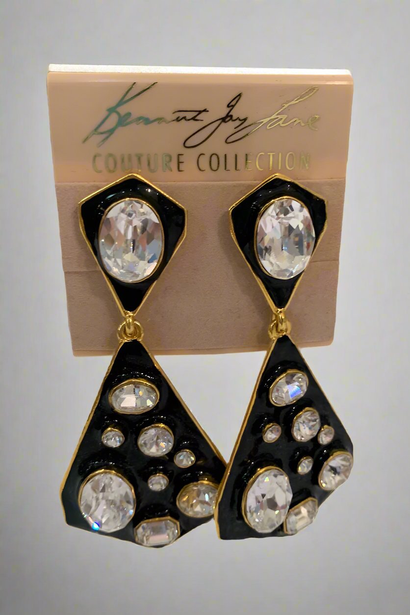 Kenneth Jay Lane Black Geometric Earrings with Crystals - Mildred Hoit