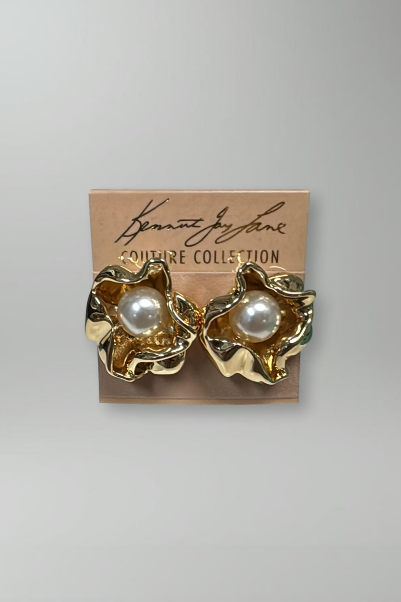 Kenneth Jay Lane Gold Flower with Pearl Center Earrings - Mildred Hoit