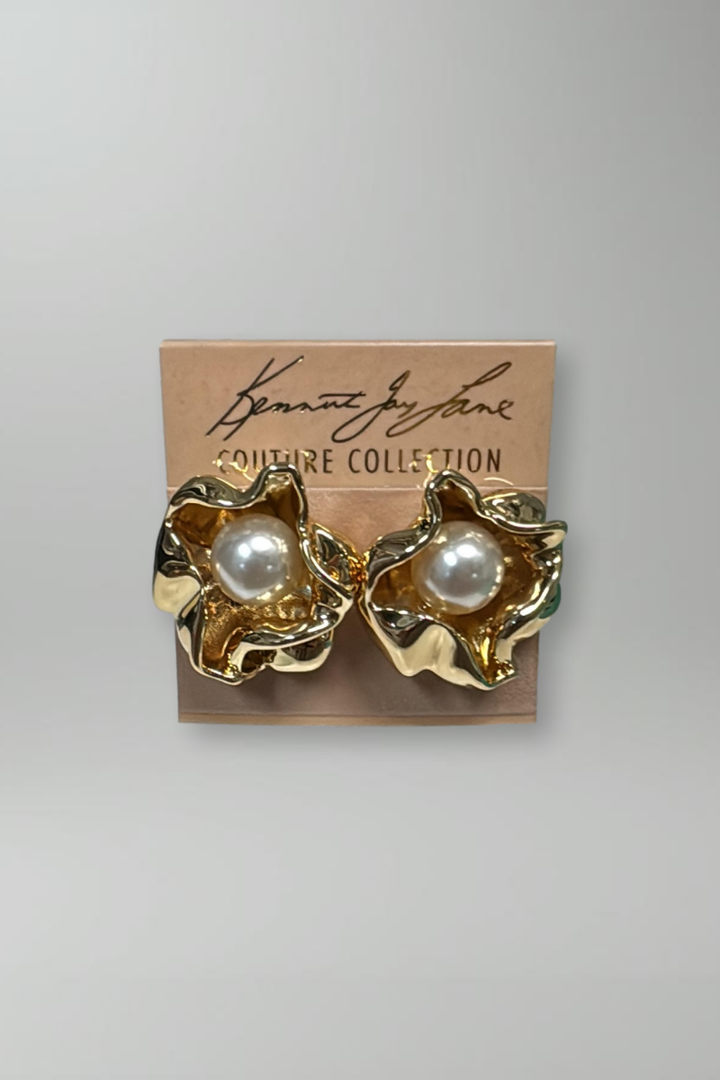 Kenneth Jay Lane Gold Flower with Pearl Center Earrings - Mildred Hoit