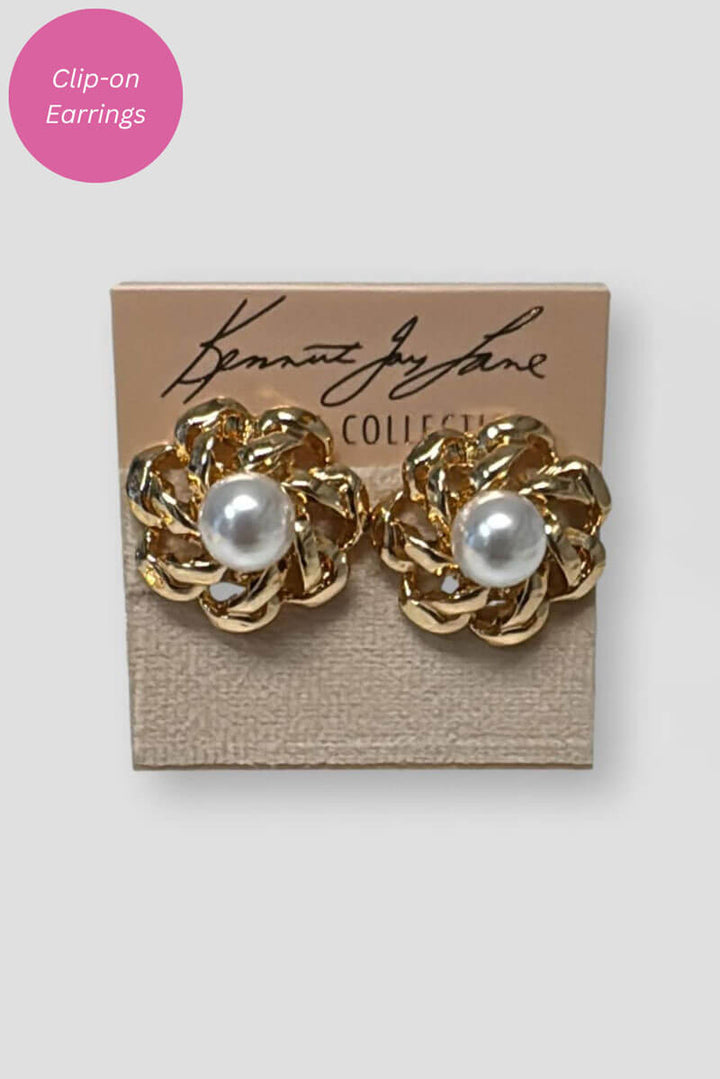 Kenneth Jay Lane Gold and Pearl Open Link Flower Earring - Mildred Hoit