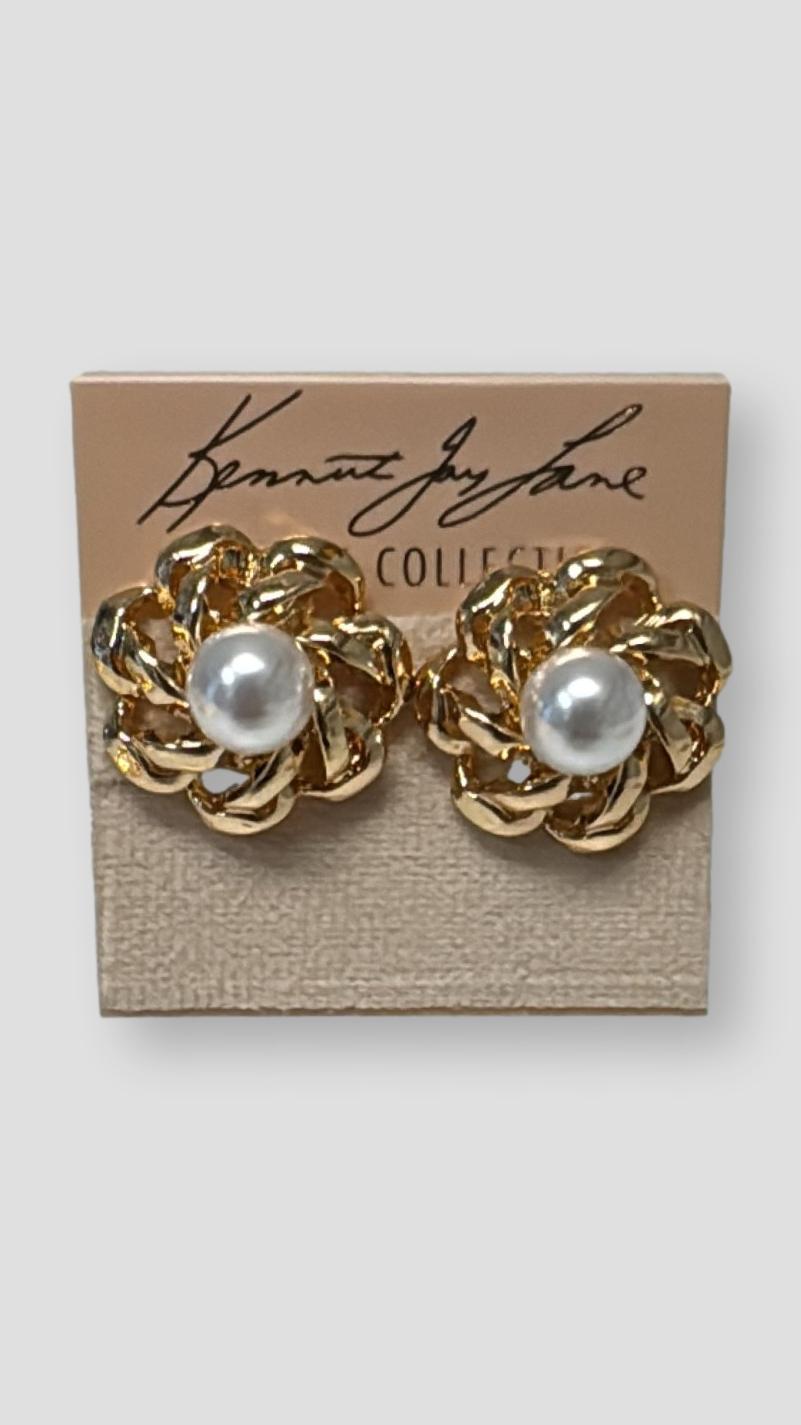 Kenneth Jay Lane Gold and Pearl Open Link Flower Earring - Mildred Hoit