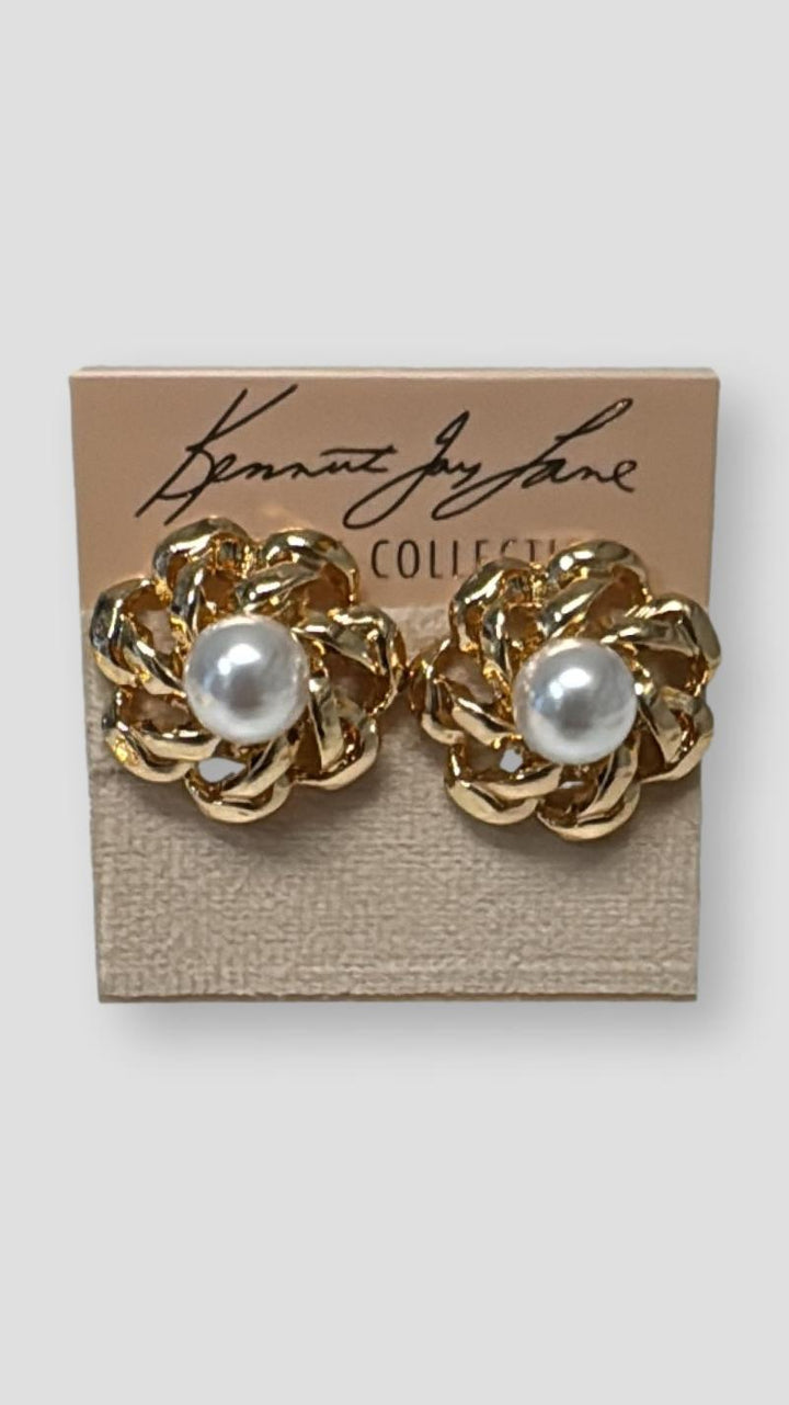 Kenneth Jay Lane Gold and Pearl Open Link Flower Earring - Mildred Hoit